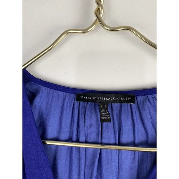 White House Black Market Petite XL Long-Sleeve Fitted Waist Blouse Blue V/neck - Picture 3 of 8
